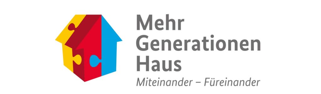 Dekorativ: Foto: Logo Haus aus drei Puzzleteilen gelb, rot und blau. Mehrgenerationenhaus - Miteinander - Füreinander