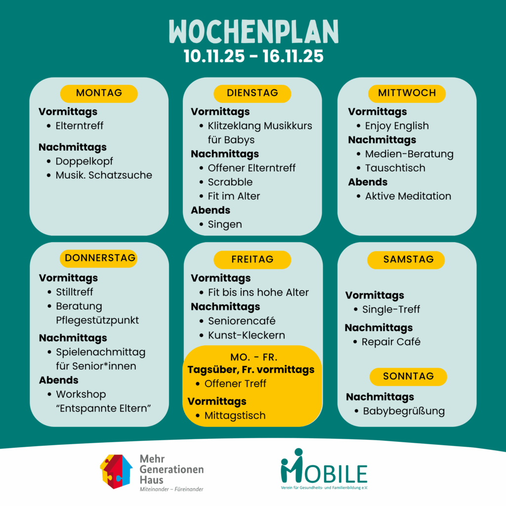 Dekorativ: Logo Mehrgenerationenhaus und MOBILE, Termine der aktuellen Woche