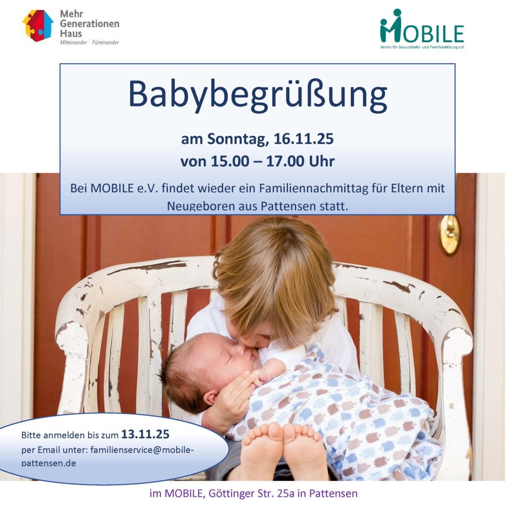 Dekorativ: Bild Kind mit Baby auf dem Schoß, liebkosend; Logos Mehrgenerationenhaus und MOBILE