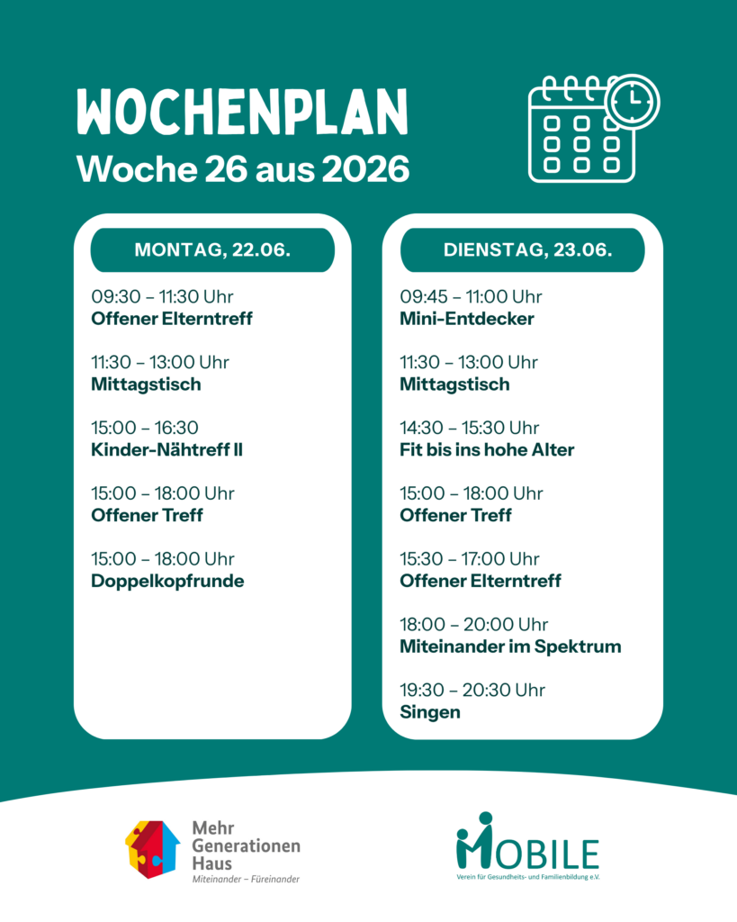 Montag:
09:30 – 11:30 Uhr: Offener Elterntreff.
11:30 - 13:00 Uhr: Mittagstisch.
15:00 - 16:30 Uhr: Kinder-Nähtreff.
15:00 - 18:00 Uhr: Doppelkopfrunde, Offener Treff.
Dienstag:
09:45 - 11:00 Uhr: Mini-Entdecker.
11:30 - 13:00 Uhr: Mittagstisch.
14:30 - 15:30 Uhr: Fit bis ins hohe Alter.
15:00 - 18:00 Uhr: Offener Treff.
15:30 - 17.00 Uhr: Offener Elterntreff.
18:00 - 20:00 Uhr: Selbsthilfegr. Miteinander im Spektrum.
19:00 - 20:30 Uhr: Chor Frohsin(n)gen.
Logos: Mehrgenerationenhaus, MOBILE e.V.
