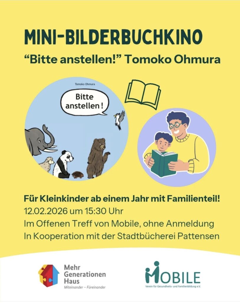 Dekorativ - Foto: Mini-Bilderbuchkino für Kleinkinder ab 1 Jahr mit Familienteil. Buchvorstellung: "Bitte anstellen. Comics mit Tieren und Mann und Kind schauen Buch an. Zeit: 15.30 Uhr im Mobile, ohne Anmeldung. In Kooperation mit der Stadtbücherei Pattensen. Logos Mehrgenerationenhaus und MOBILE