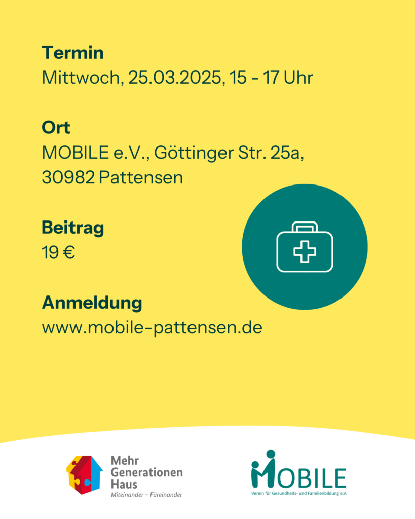 Termin: Mittwoch, 25.03.25, 15-17 Uhr, Ort: Mobile e.V., Göttinger str. 25a, 30982 Pattensen, Beitrag: 19,-. Anmeldung: www.mobile-pattensen.de