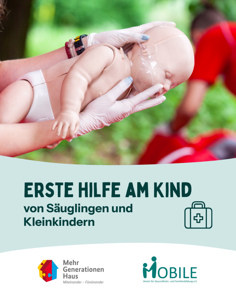 Foto: dekorativ: Erste Hilfe am Kind von Säuglingen und Kleinkindern. Termin: 18.07.2026, 10:00 - 17:00 Uhr, Ort: MOBILE e.V., Göttinger Str. 25a, 30982 Pattensen, Beitrag: 56,-, Anmeldung: www.mobile-pattensen.de oder info@mobile.de
Inhalt: Wiederbelebung beim Kind; Versorgung bei Verletzung, Vergiftung und Verbrühung; Fieberkrämpfe; rechtliche Fragen. Dozent: Christian Feder (Krankenpfleger, Fachausbilder "Erste Hilfe am Kind")